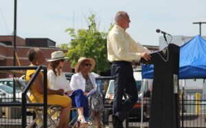 Wayne Motts, president emeritus and historian of the Gettysburg Foundation, delivers remarks at the Gettysburg Black History Trail unveiling Wednesday at Lincoln Cemetery. Behind him, from left to right, are Lincoln Cemetery Project Association President Jean Green, Destination Gettysburg Director of Partnership Amy Welsh and Gettysburg Mayor Rita C. Frealing. 