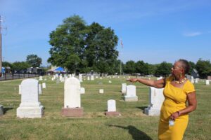 Jean Green, president of the Lincoln Cemetery Project Association, leads a tour of the historic Black cemetery at the unveiling of the Gettysburg Black History Trail on Wednesday.